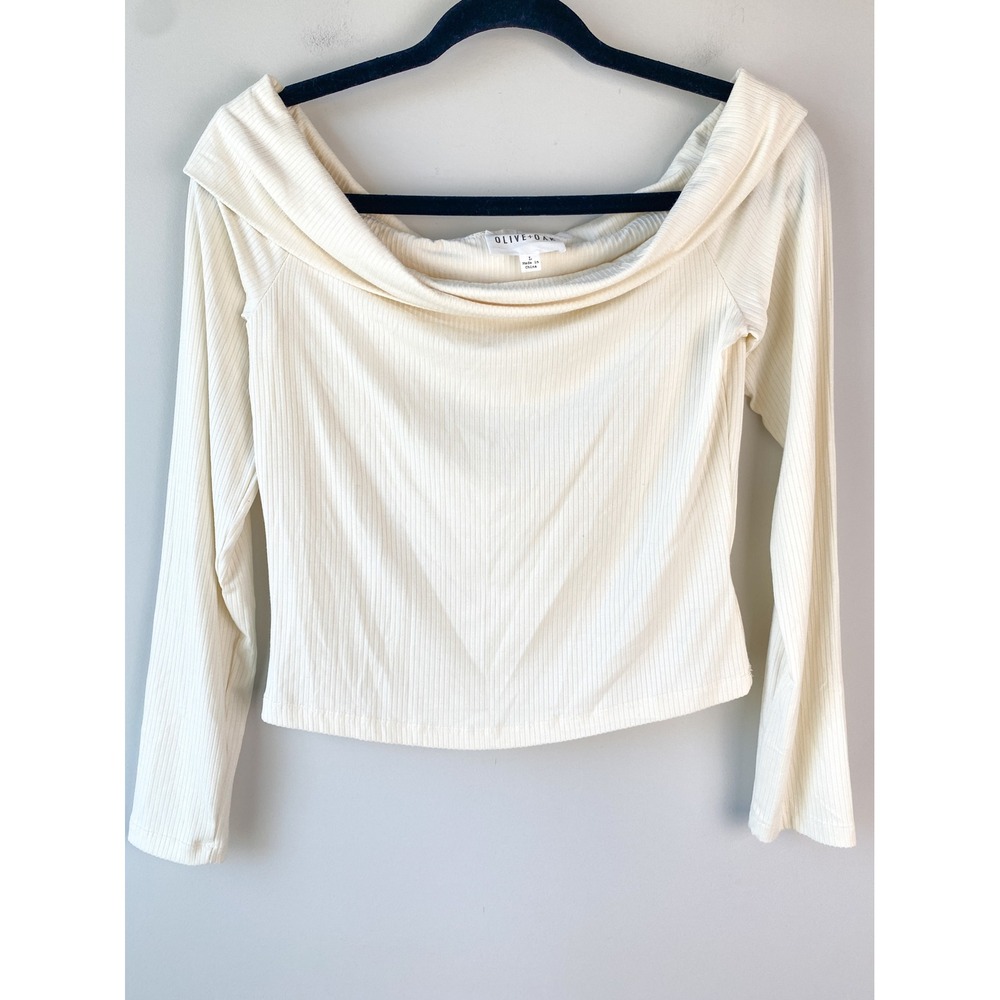 Olive + Oak‎ Womens Off Shoulder Top Cream L Ribbed Quiet Luxury Crop Stretch